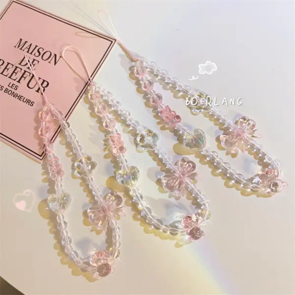 Korean Pink Bear Butterfly Flower Phone Chain Trendy Pendant For iPhone Samsung Universal Accessories Cute Phone Hanging Rope