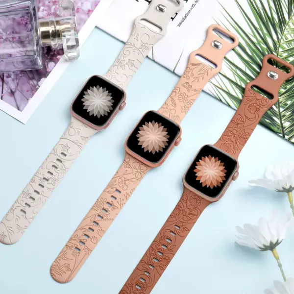 Floral Engraved Strap For Apple Watch Band 40mm 44mm 41mm 49mm 45mm 38mm 42mm silicone bracelet iwatch series 9 7 se 6 8 ultra 2 - Image 2